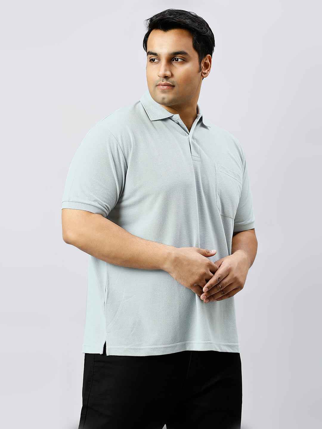 Plus Size Solid Sky Blue Polo T-shirt With Pocket