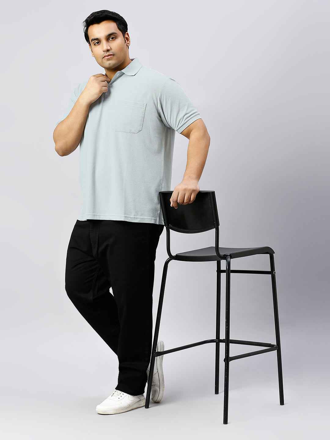 Plus Size Solid Sky Blue Polo T-shirt With Pocket