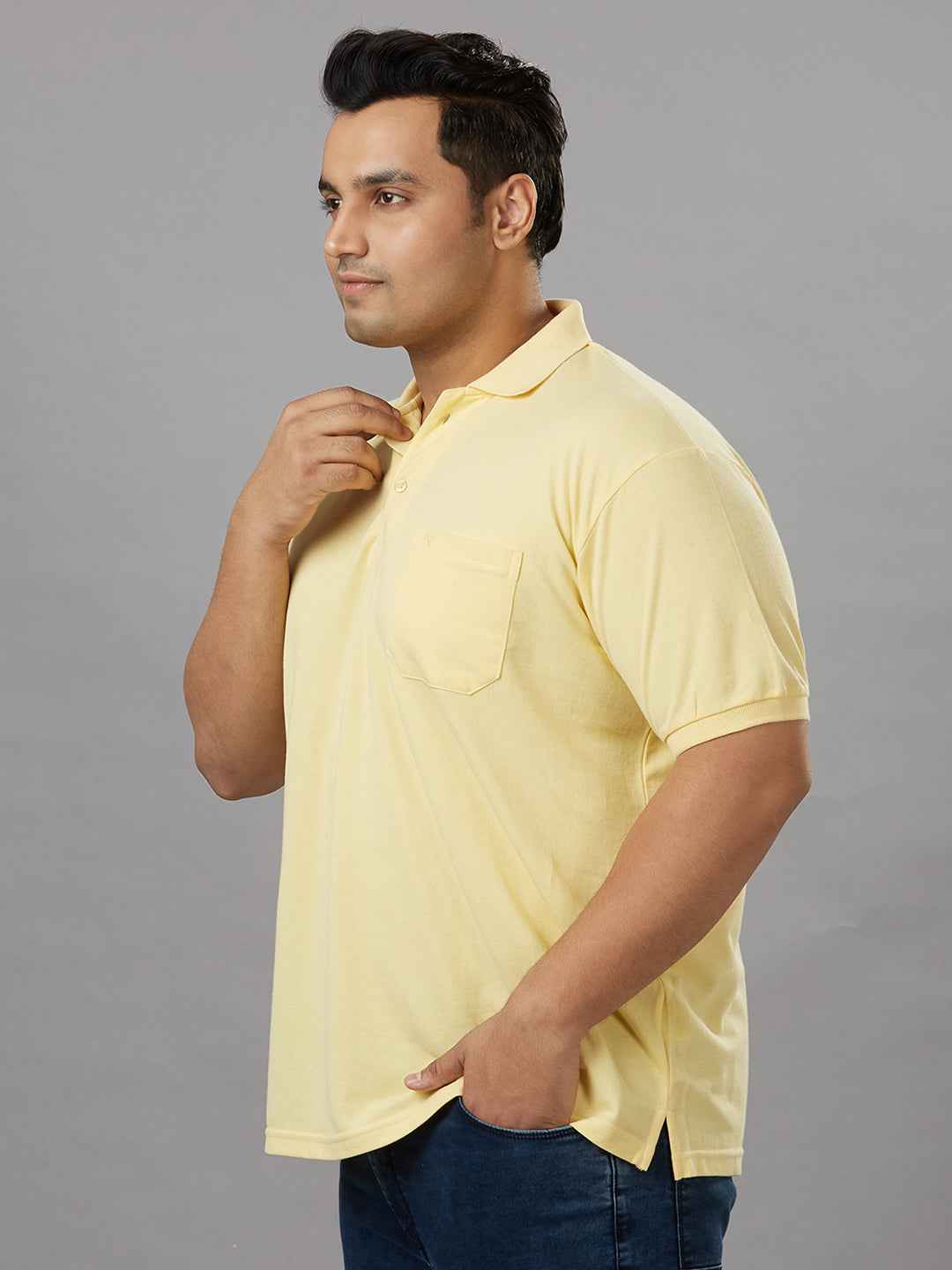 Plus Size Solid Lemon Polo T-shirt With Pocket