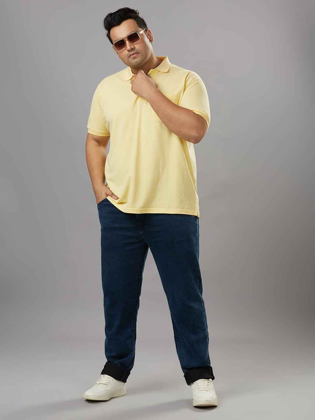Plus Size Solid Lemon Polo T-shirt With Pocket