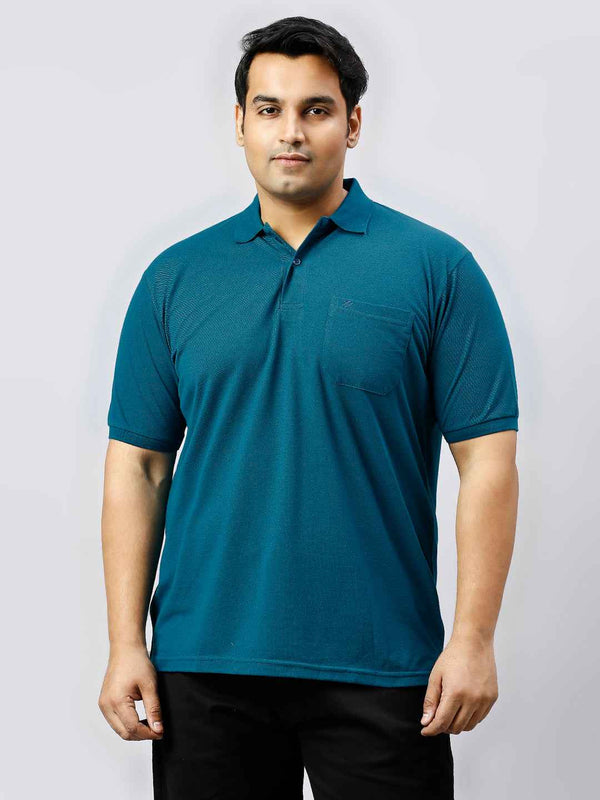 Plus Size Solid Teal Polo T-shirt With Pocket