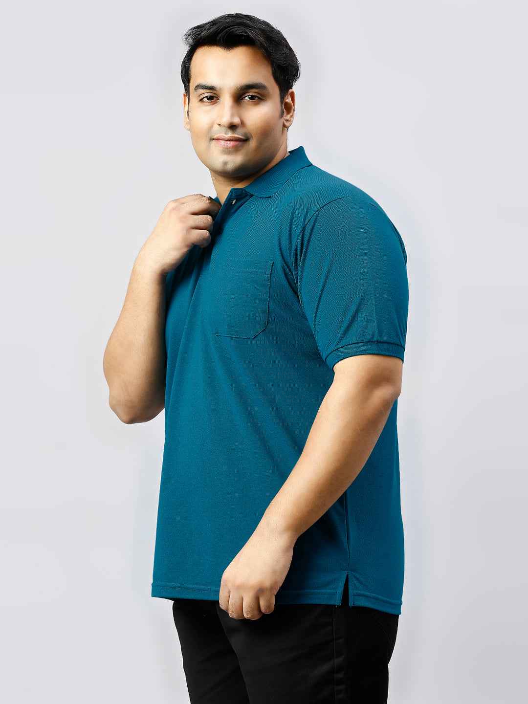 Plus Size Solid Teal Polo T-shirt With Pocket
