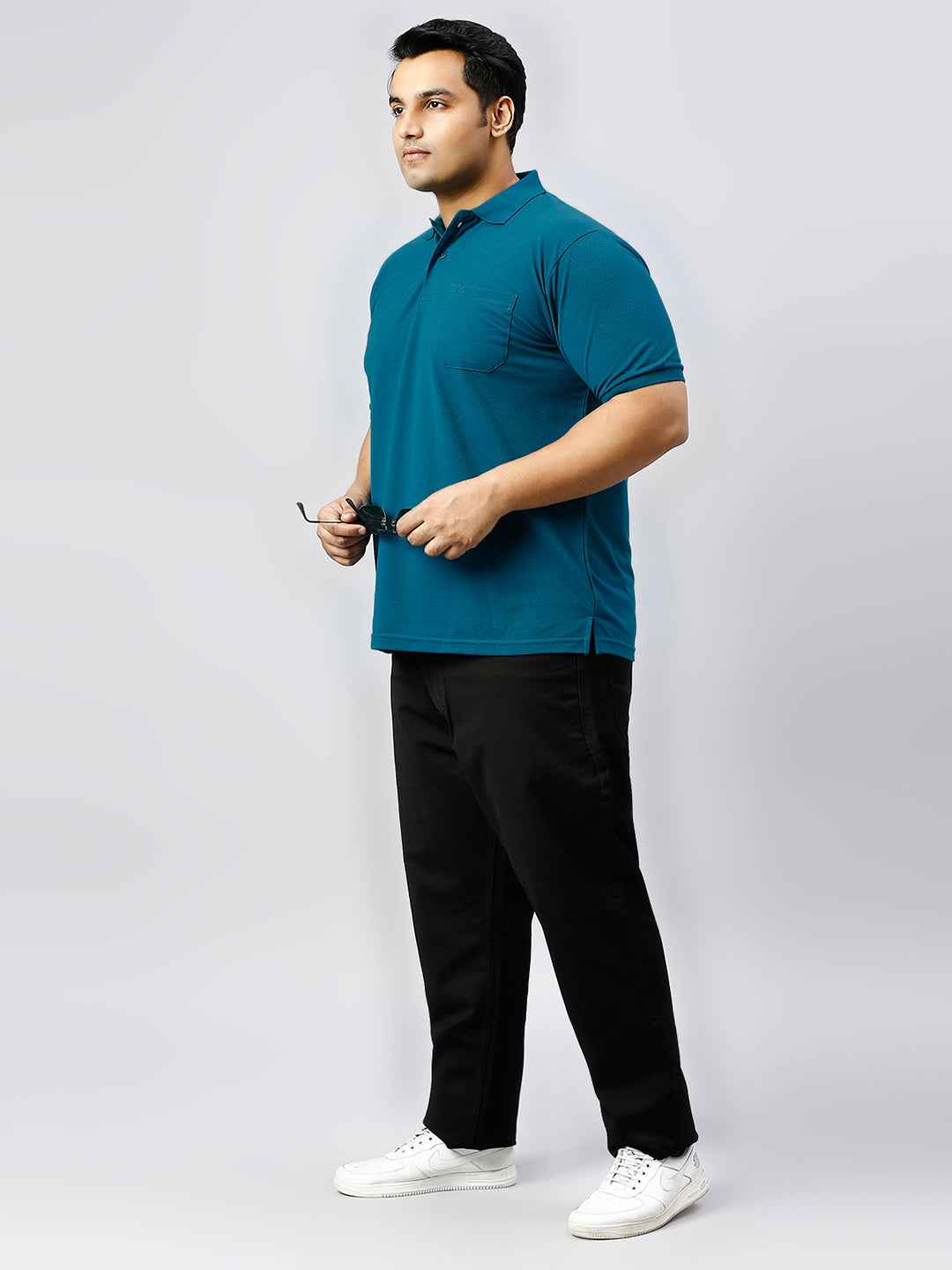 Plus Size Solid Teal Polo T-shirt With Pocket