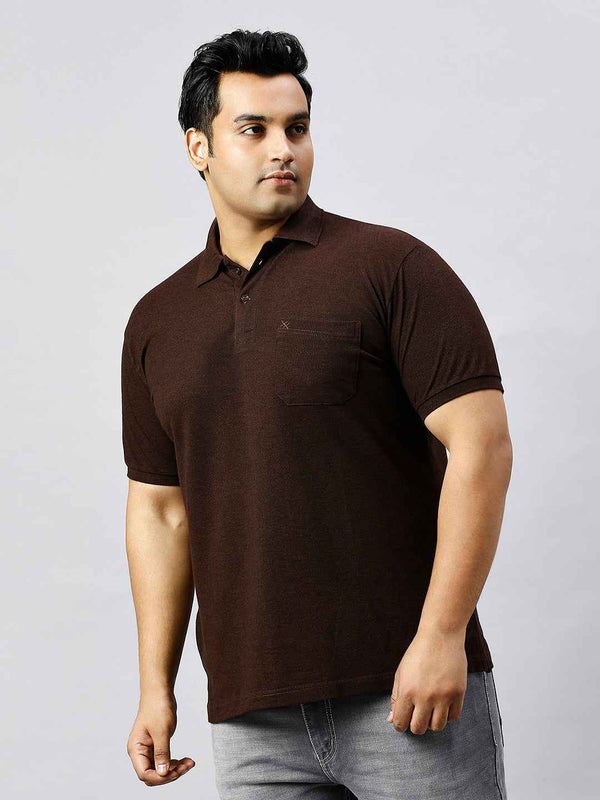 Plus Size Solid Velvet Brown Polo T-shirt With Pocket