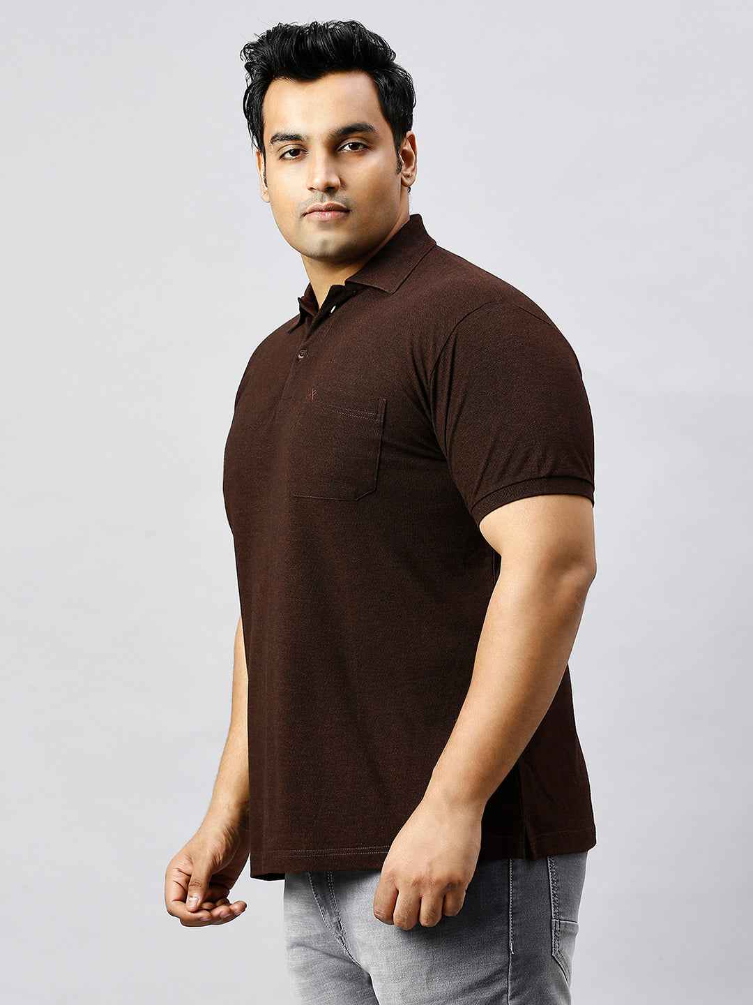 Plus Size Solid Velvet Brown Polo T-shirt With Pocket
