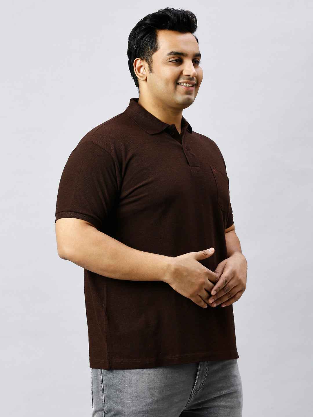 Plus Size Solid Velvet Brown Polo T-shirt With Pocket