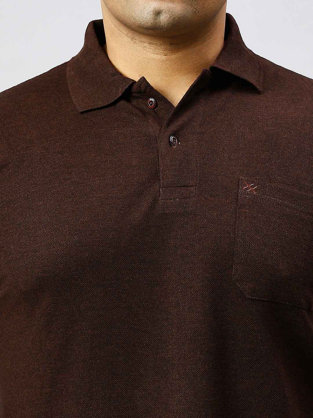 Plus Size Solid Velvet Brown Polo T-shirt With Pocket