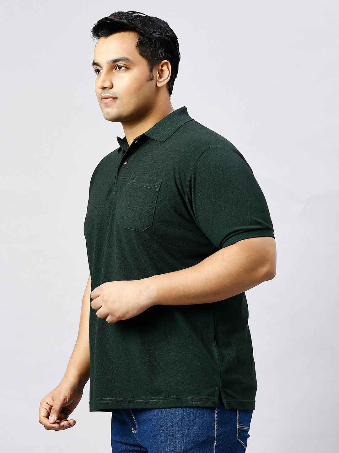 Plus Size Solid Velvet Green Polo T-shirt With Pocket