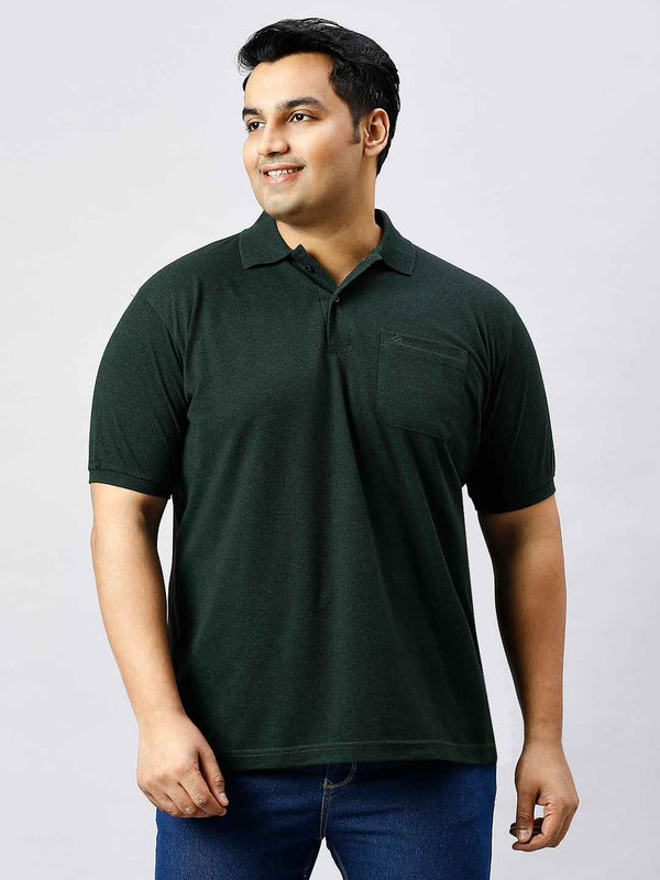 Plus Size Solid Velvet Green Polo T-shirt With Pocket