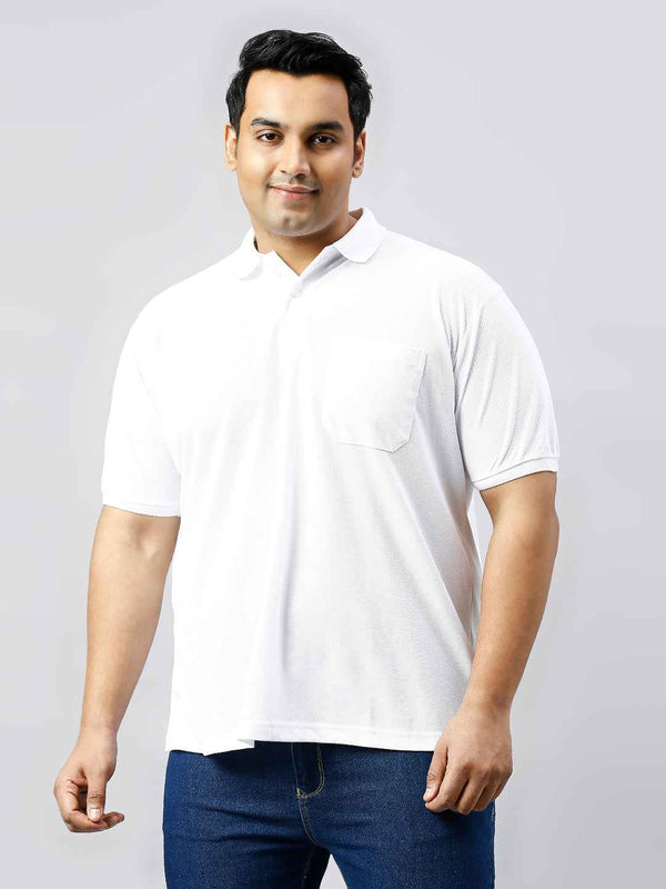 Plus Size Solid White Polo T-shirt With Pocket