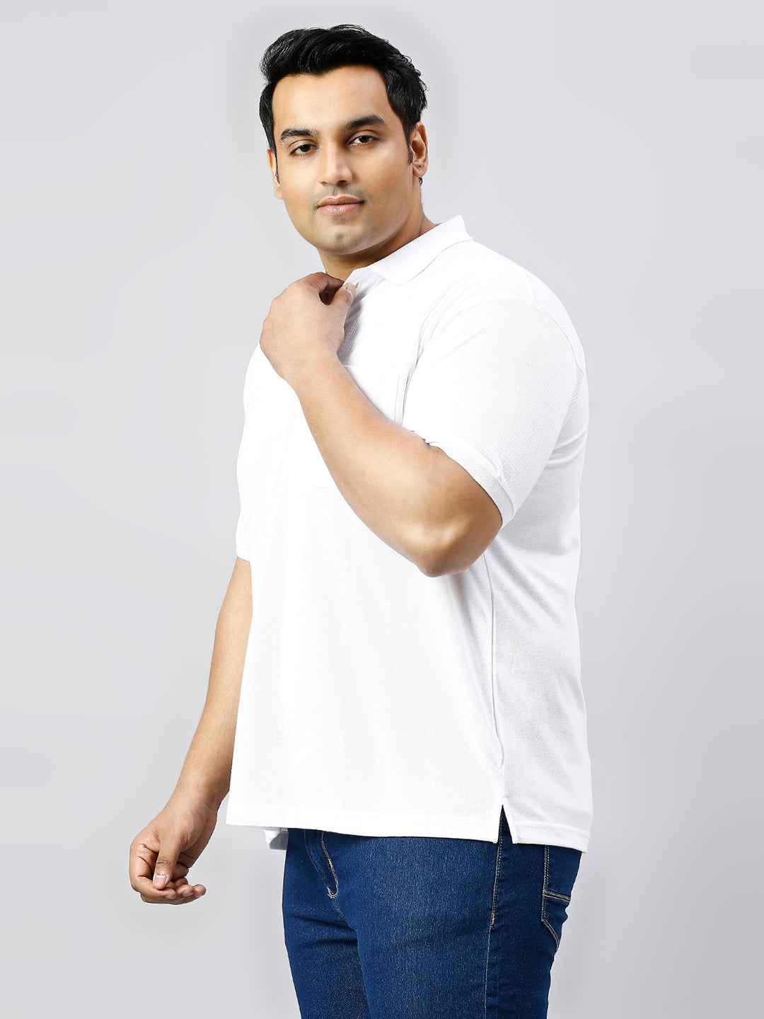 Plus Size Solid White Polo T-shirt With Pocket