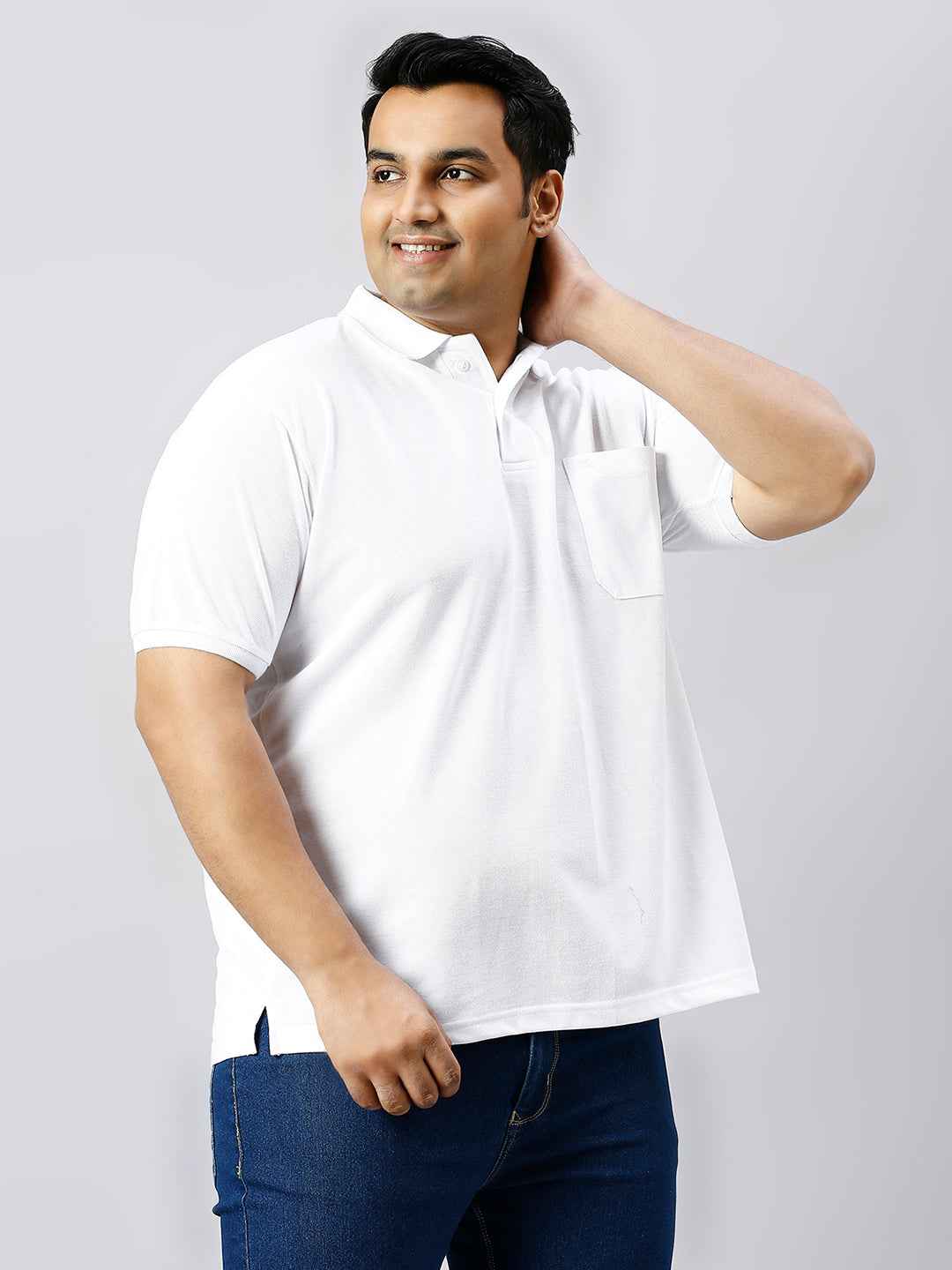 Plus Size Solid White Polo T-shirt With Pocket