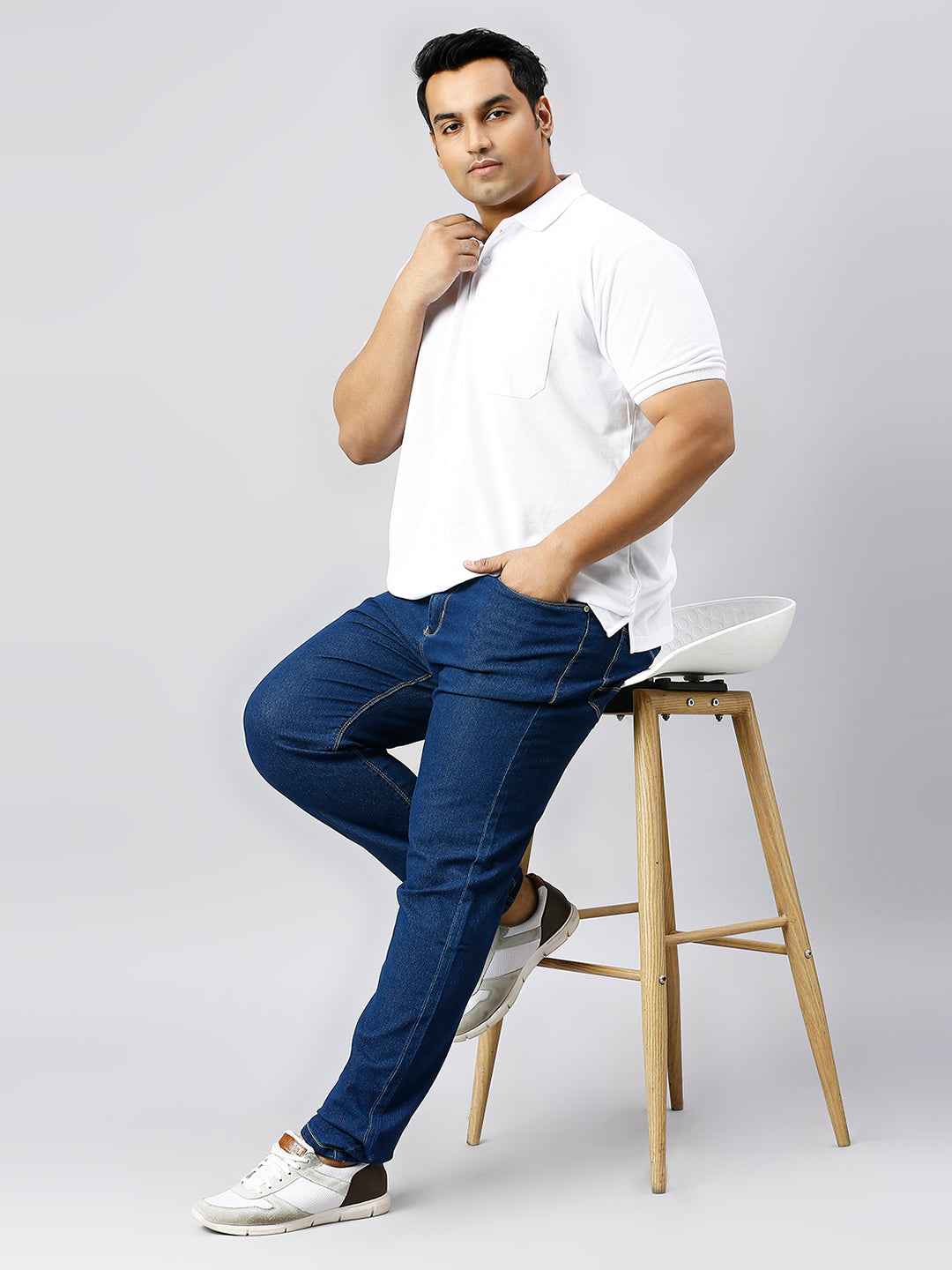 Plus Size Solid White Polo T-shirt With Pocket