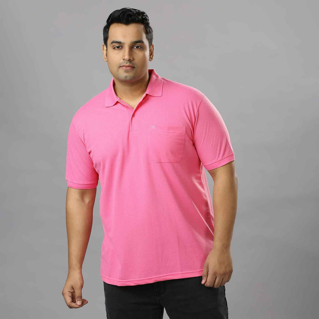 Plus Size Solid Light Pink Polo T-shirt With Pocket