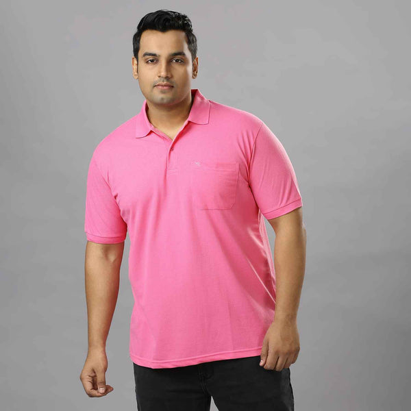 Plus Size Solid Light Pink Polo T-shirt With Pocket