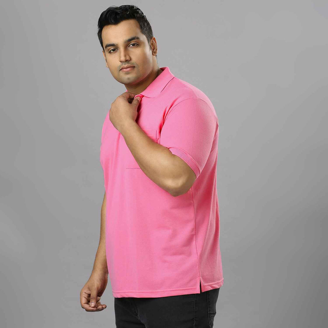 Plus Size Solid Light Pink Polo T-shirt With Pocket