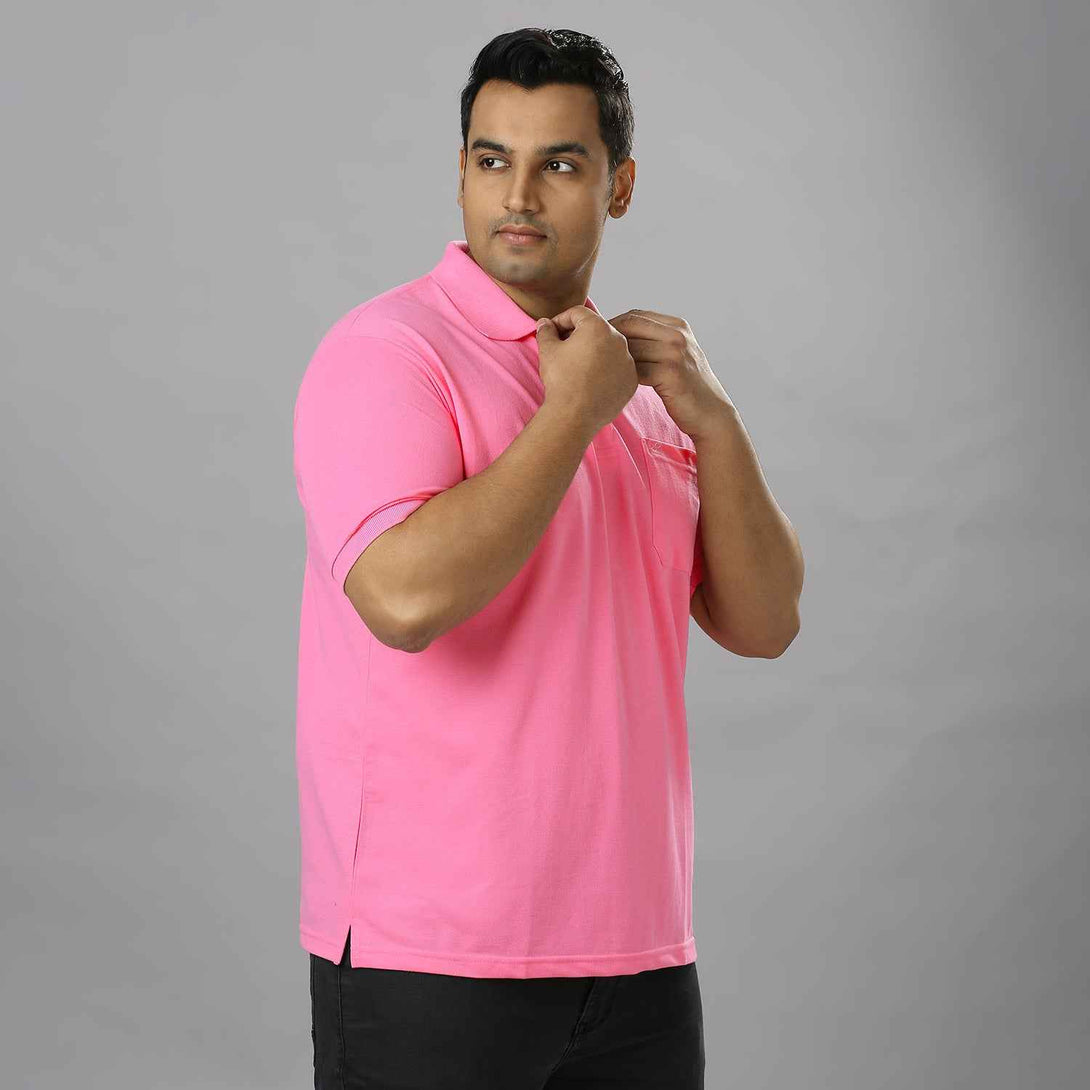 Plus Size Solid Light Pink Polo T-shirt With Pocket