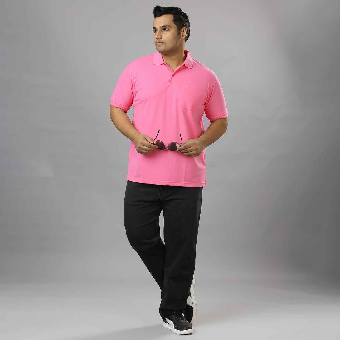 Plus Size Solid Light Pink Polo T-shirt With Pocket