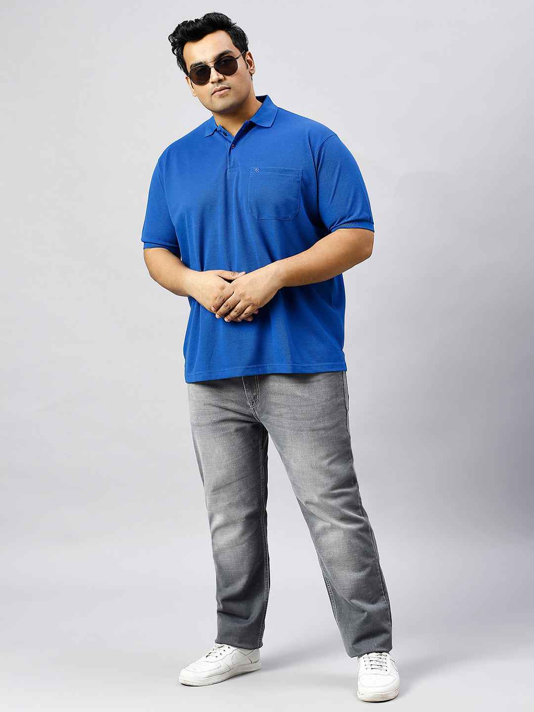 Plus Size Solid Royal Blue Polo T-shirt With Pocket