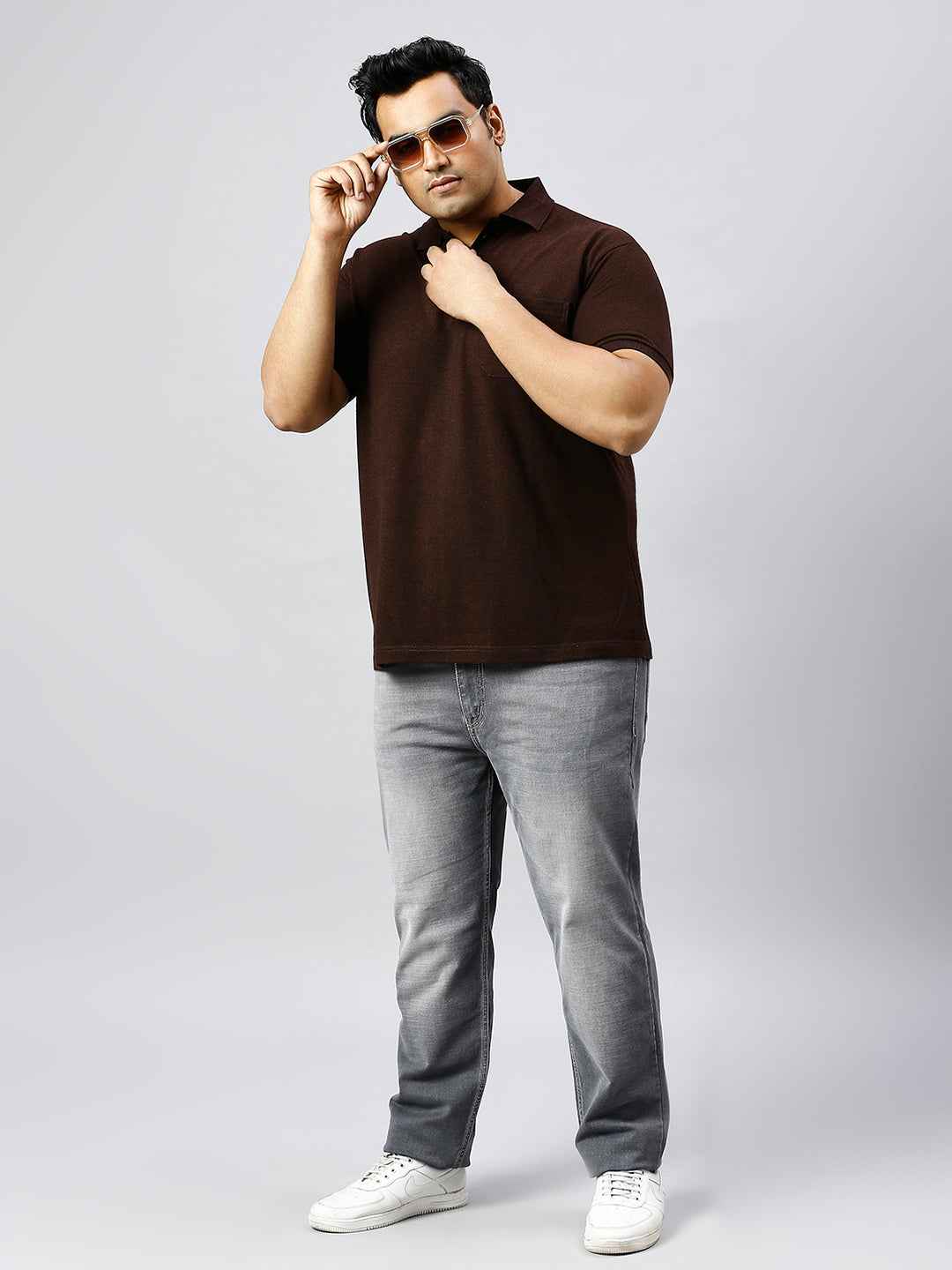 Plus Size Solid Velvet Brown Polo T-shirt With Pocket