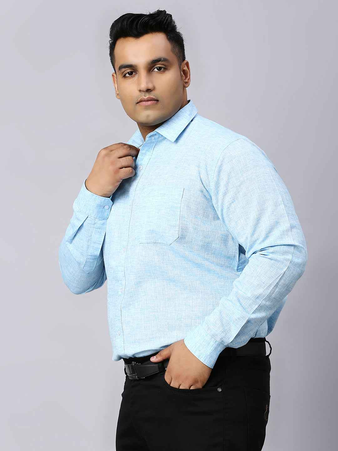 Men's Plus Size Solid Cotton Linen Sky Blue Shirt