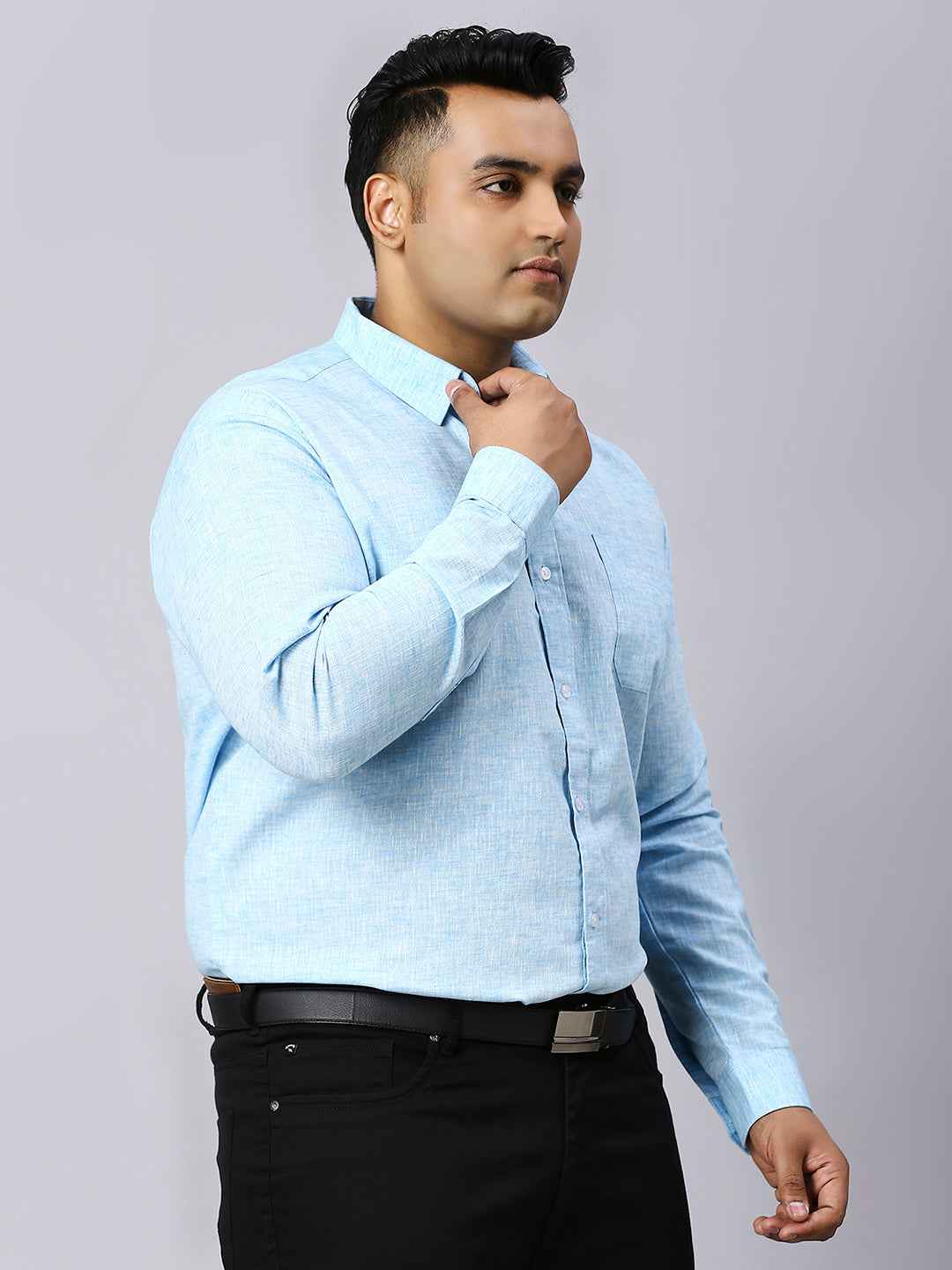 Men's Plus Size Solid Cotton Linen Sky Blue Shirt