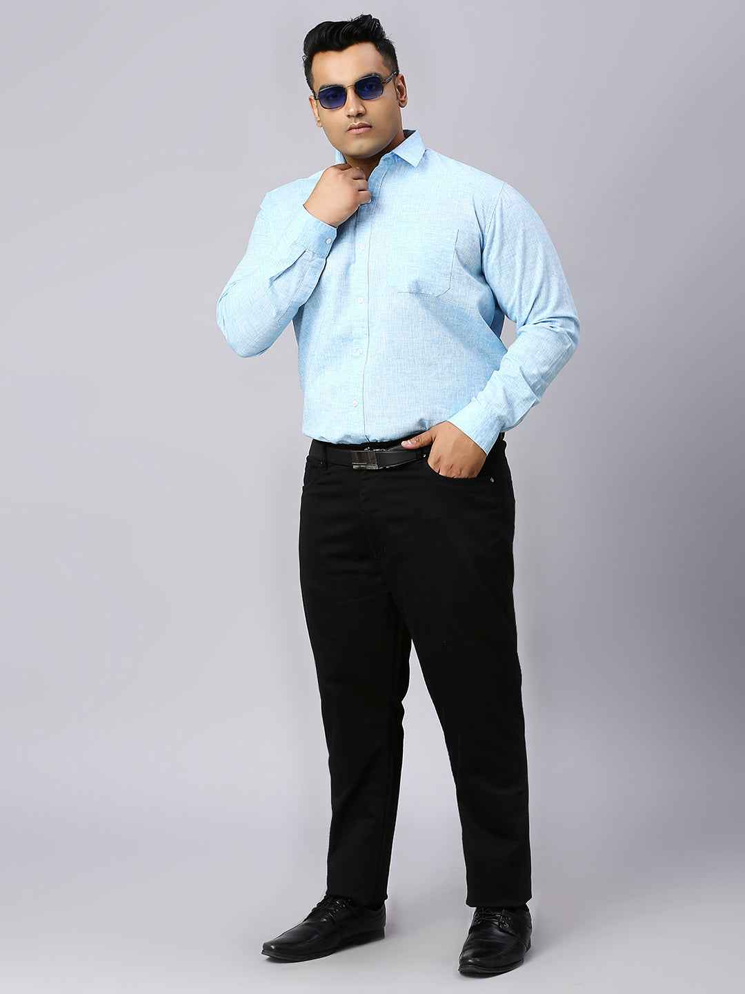 Men's Plus Size Solid Cotton Linen Sky Blue Shirt