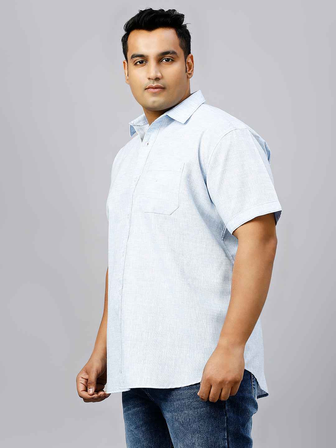 Men's Plus Size Solid Cotton Linen Sky Blue Shirt