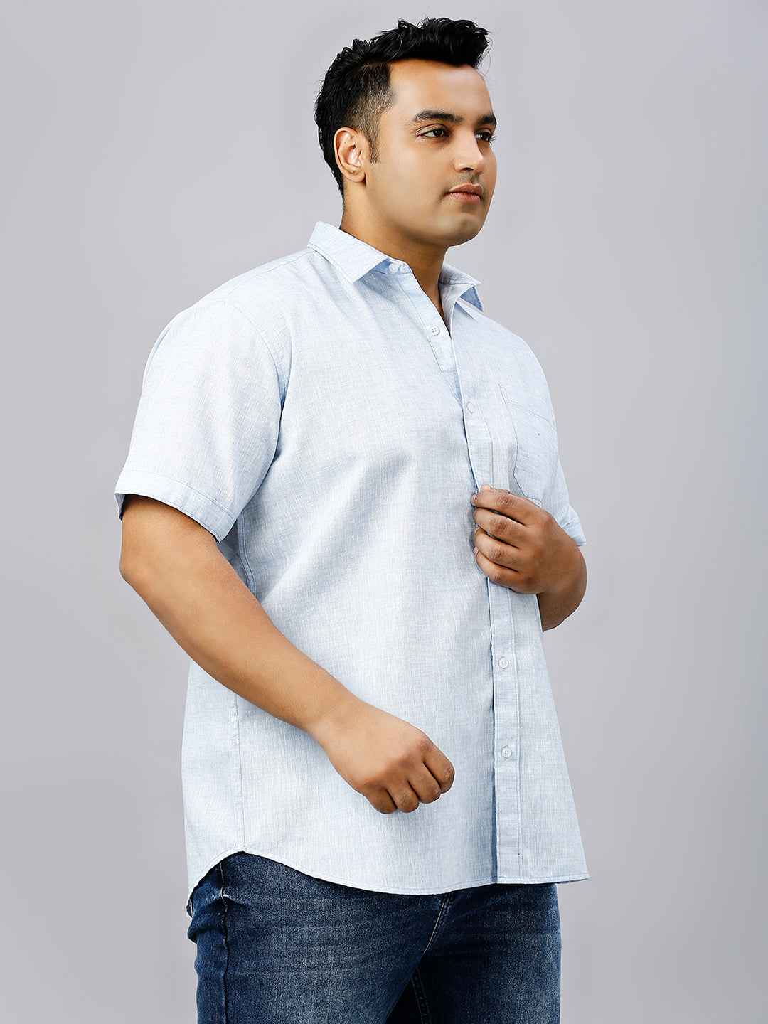 Men's Plus Size Solid Cotton Linen Sky Blue Shirt