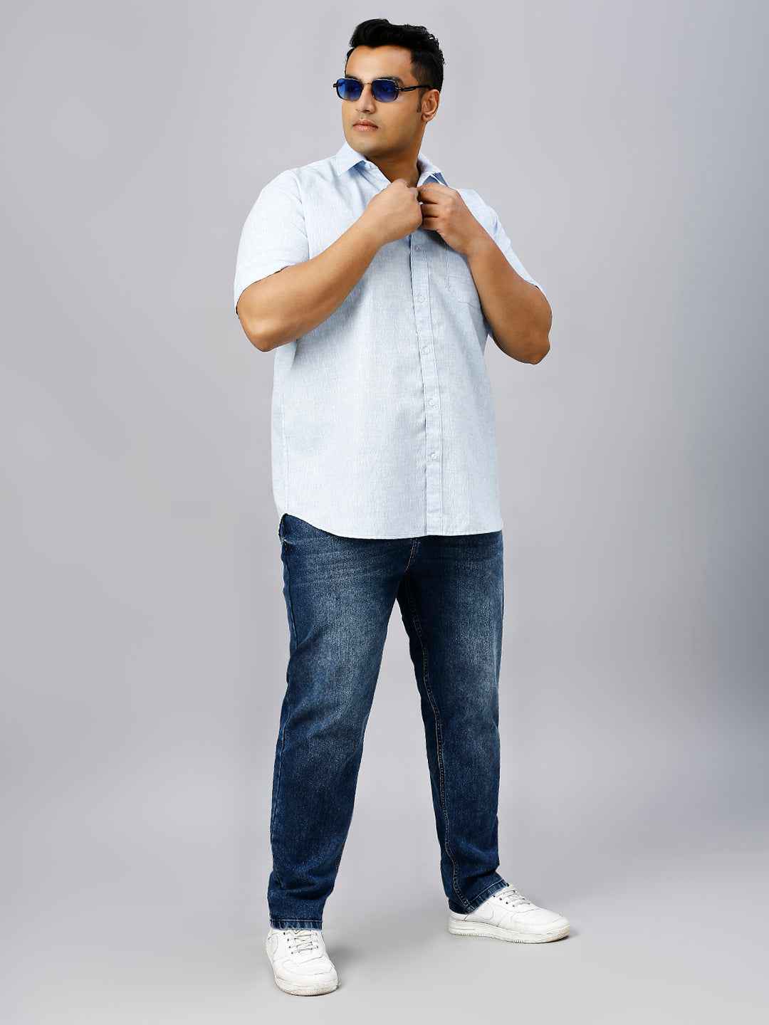 Men's Plus Size Solid Cotton Linen Sky Blue Shirt