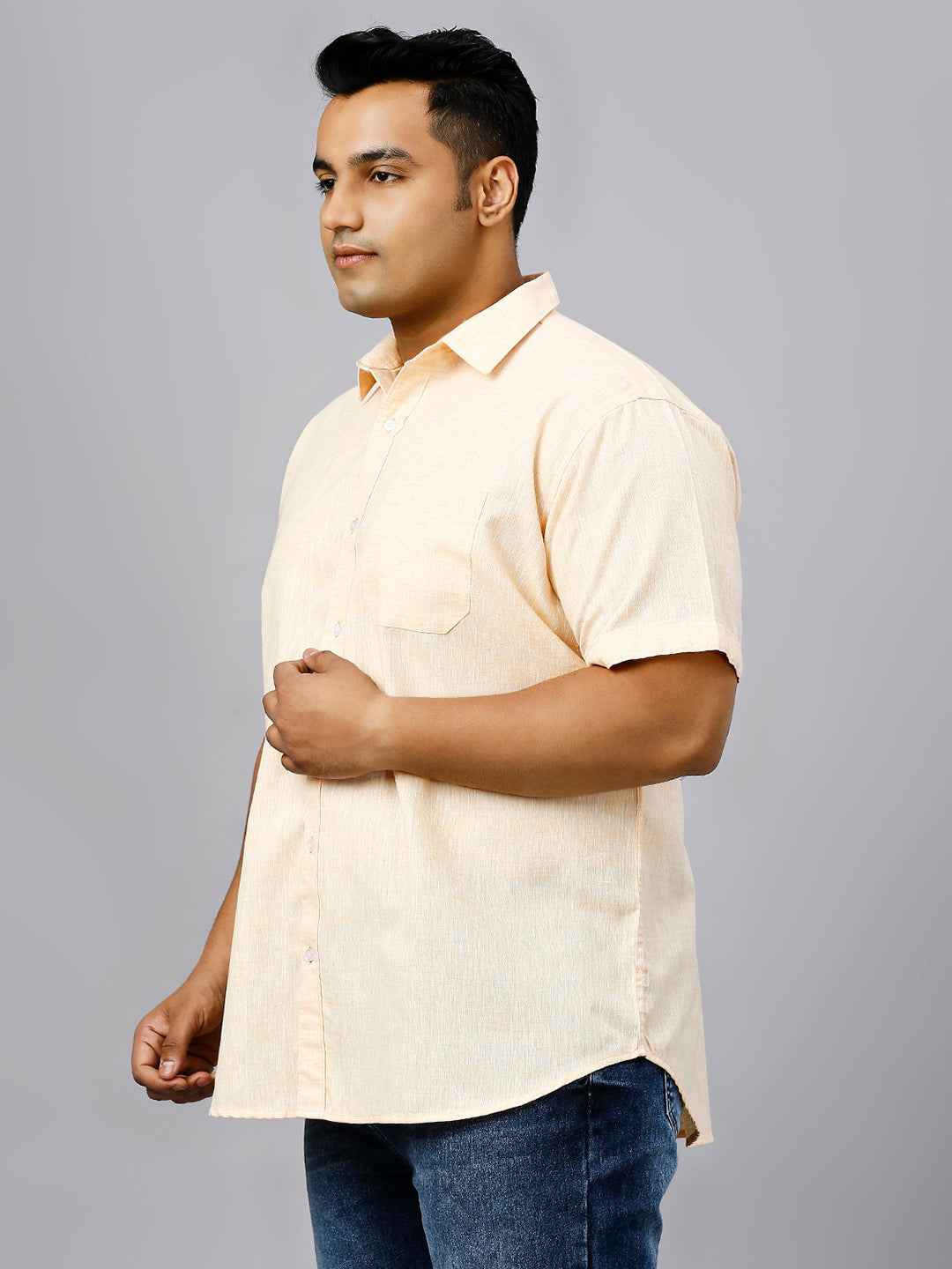 Men's Plus Size Solid Cotton Linen Yellow Shirt