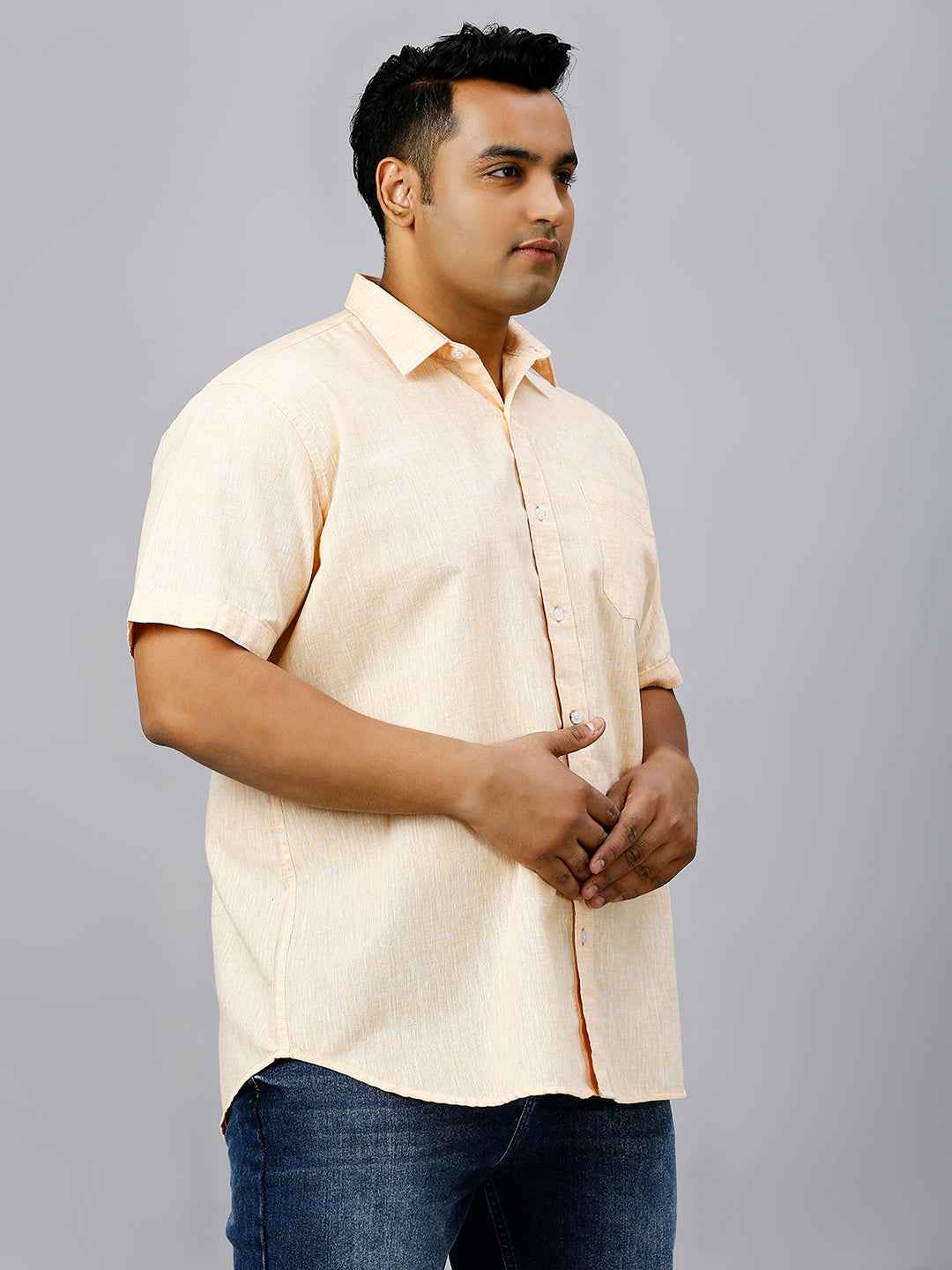 Men's Plus Size Solid Cotton Linen Yellow Shirt