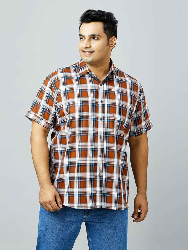 Plus Size Checkered Half Sleeve Men's Brown Shirt