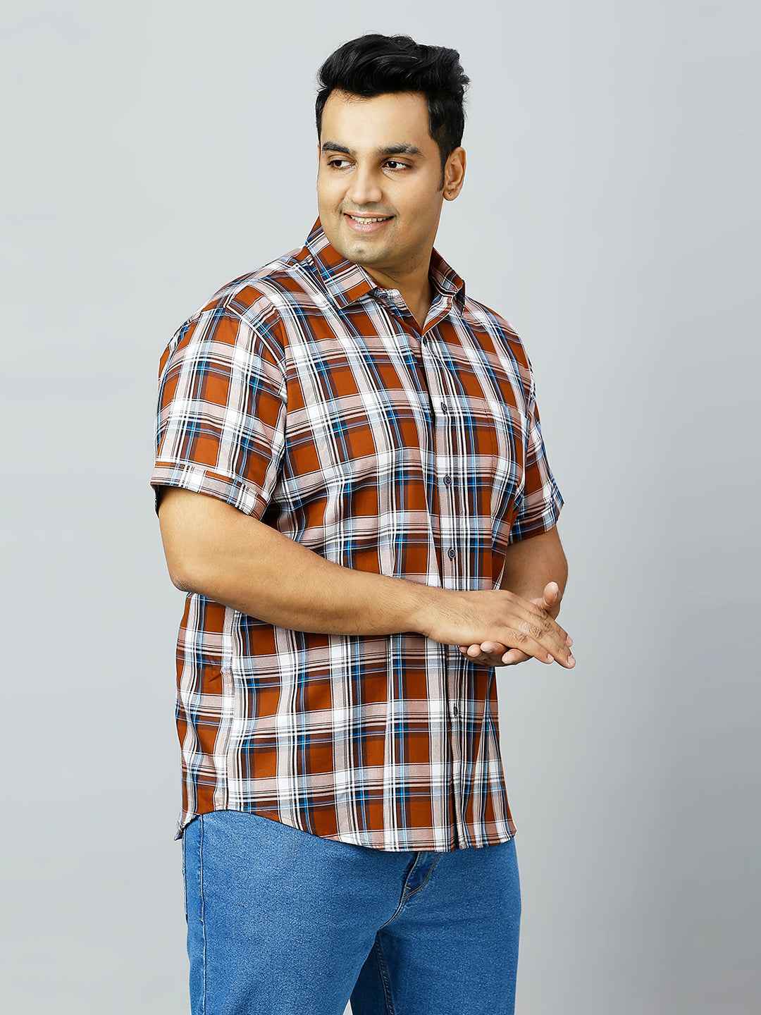 Plus Size Checkered Half Sleeve Men's Brown Shirt