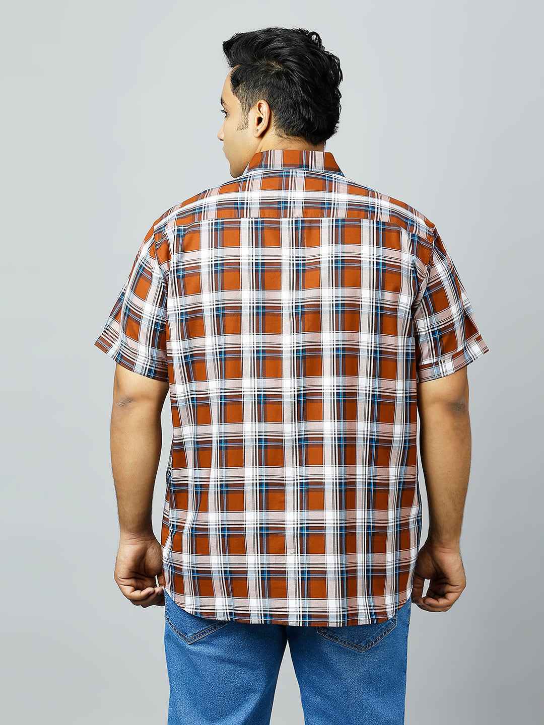 Plus Size Checkered Half Sleeve Men's Brown Shirt
