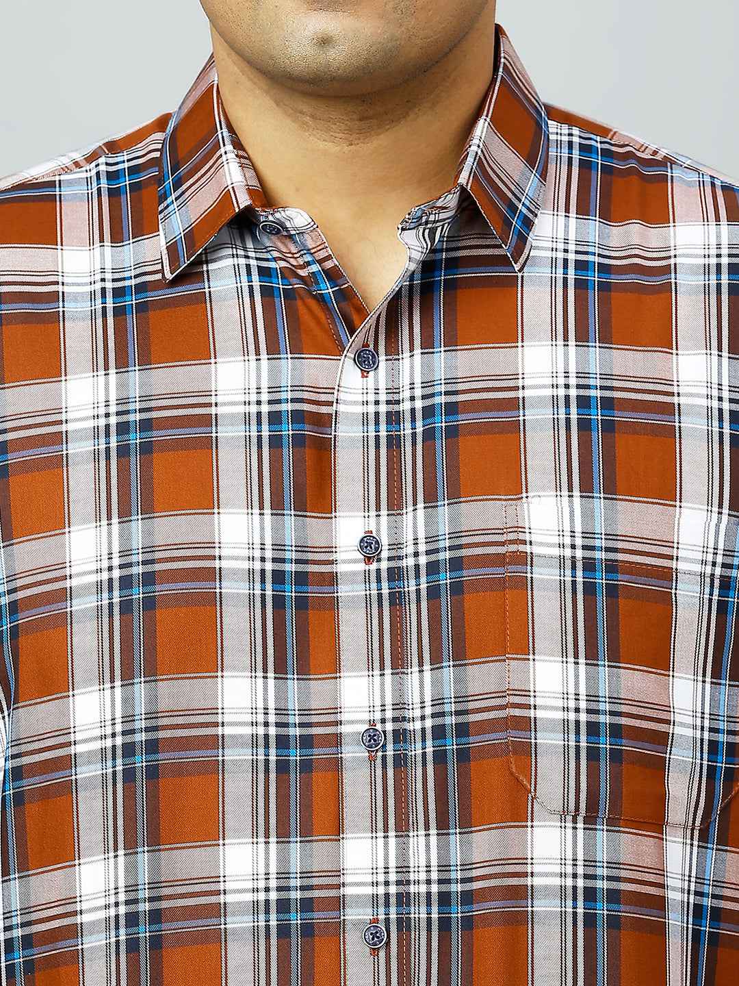 Plus Size Checkered Half Sleeve Men's Brown Shirt
