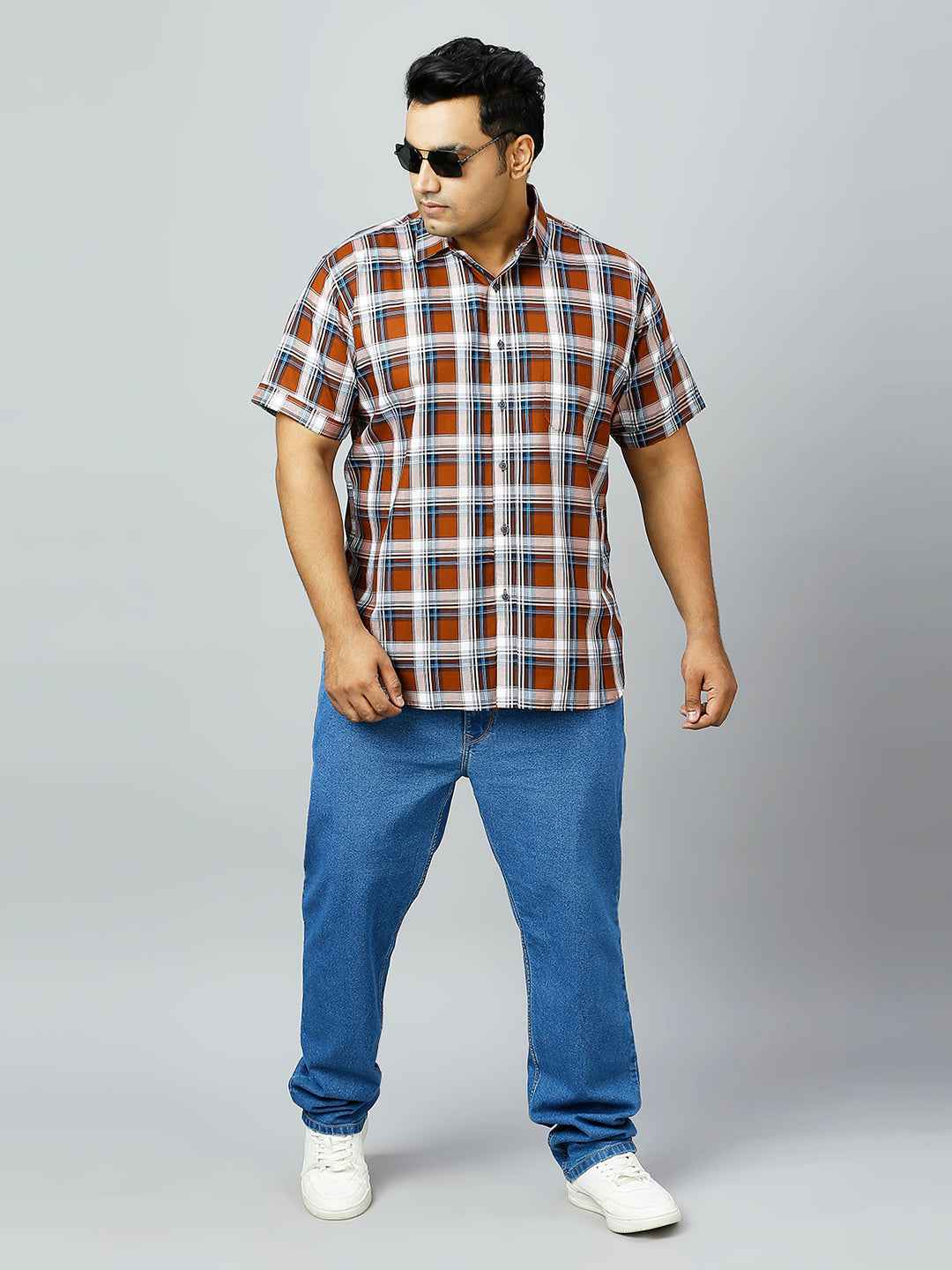 Plus Size Checkered Half Sleeve Men's Brown Shirt