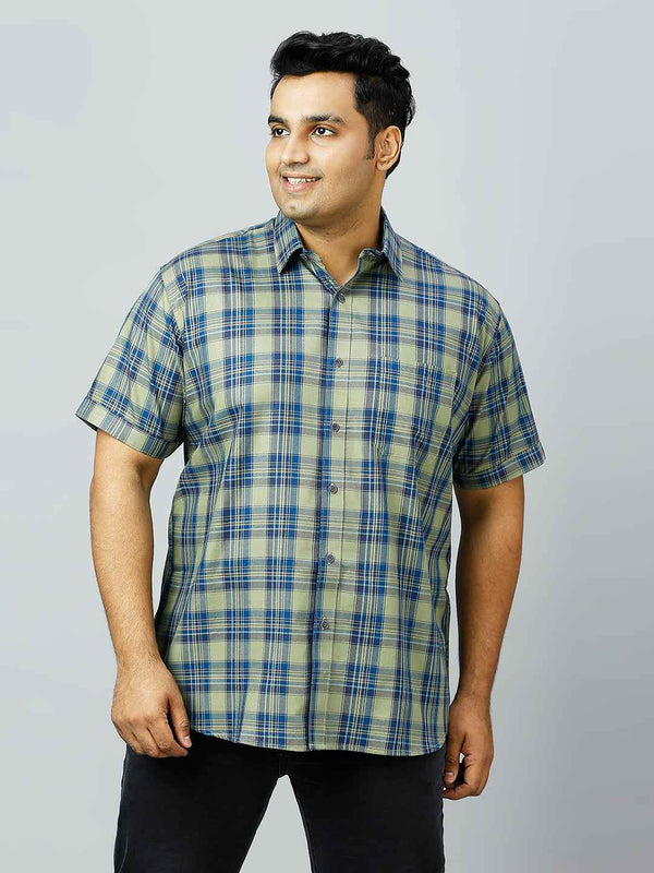 Plus Size Checkered Half Sleeve Men's Green Shirt