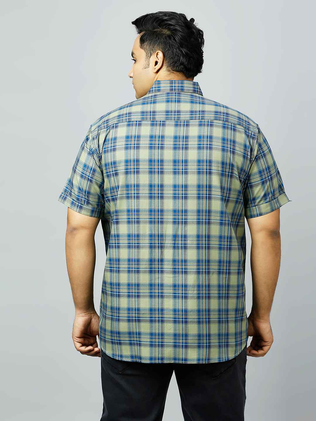 Plus Size Checkered Half Sleeve Men's Green Shirt