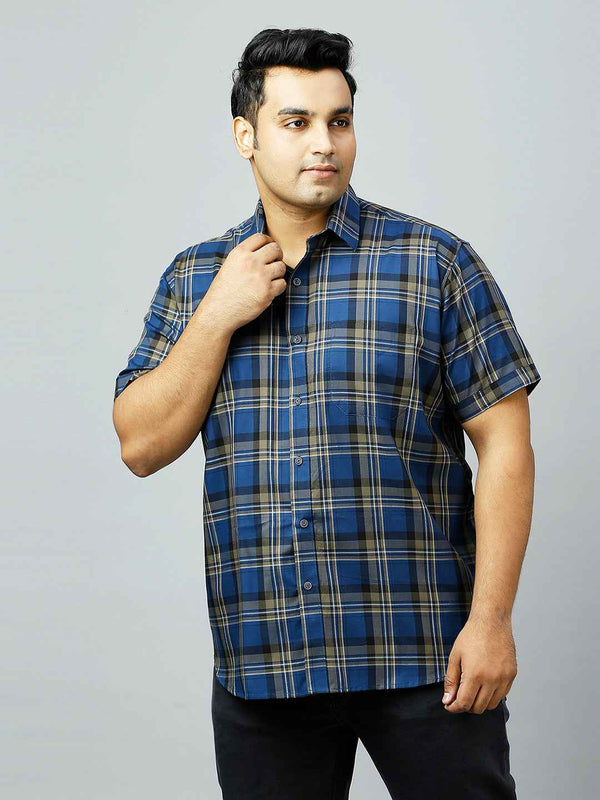 Plus Size Checkered Half Sleeve Men's Indigo Shirt