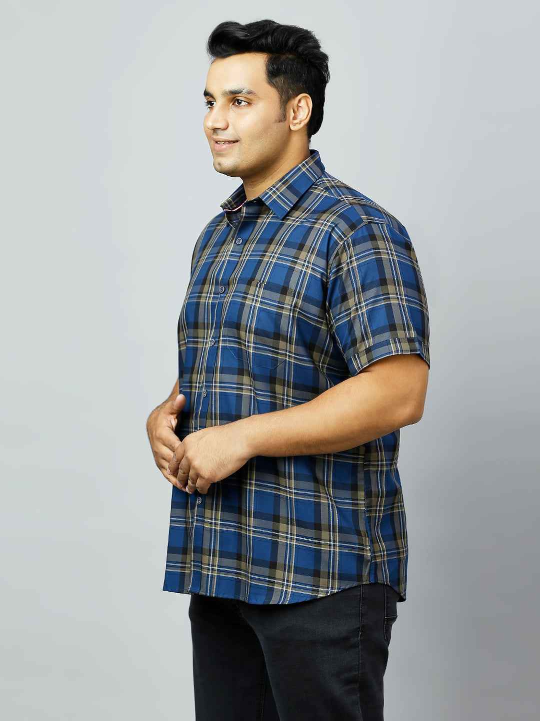 Plus Size Checkered Half Sleeve Men's Indigo Shirt