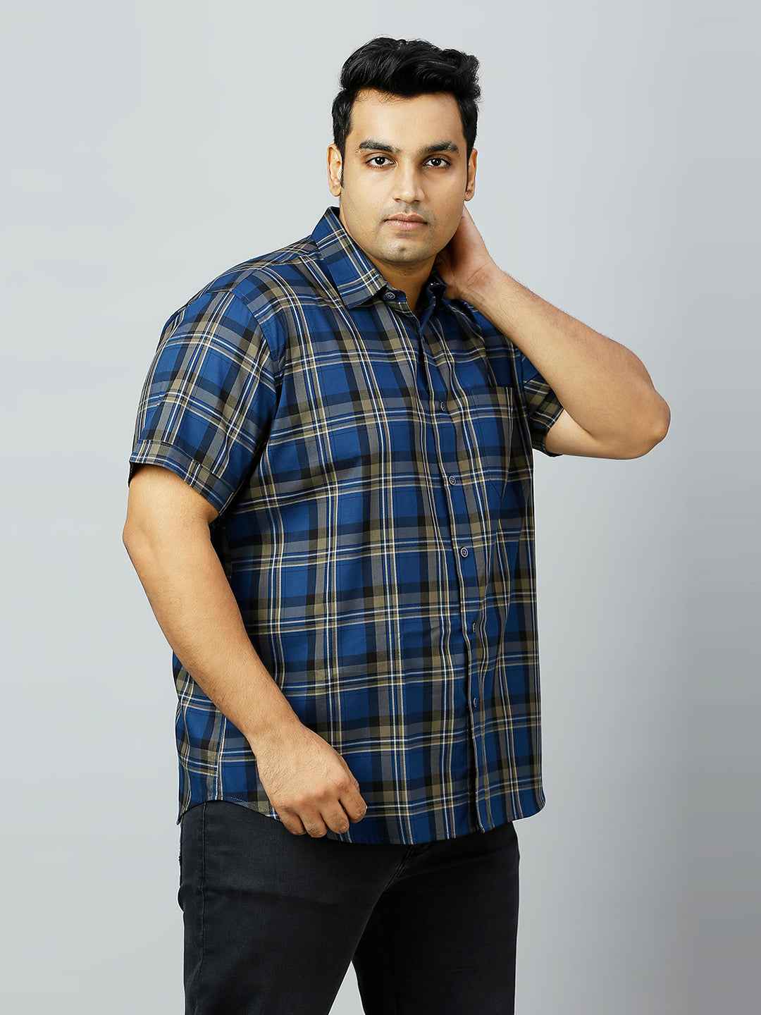 Plus Size Checkered Half Sleeve Men's Indigo Shirt