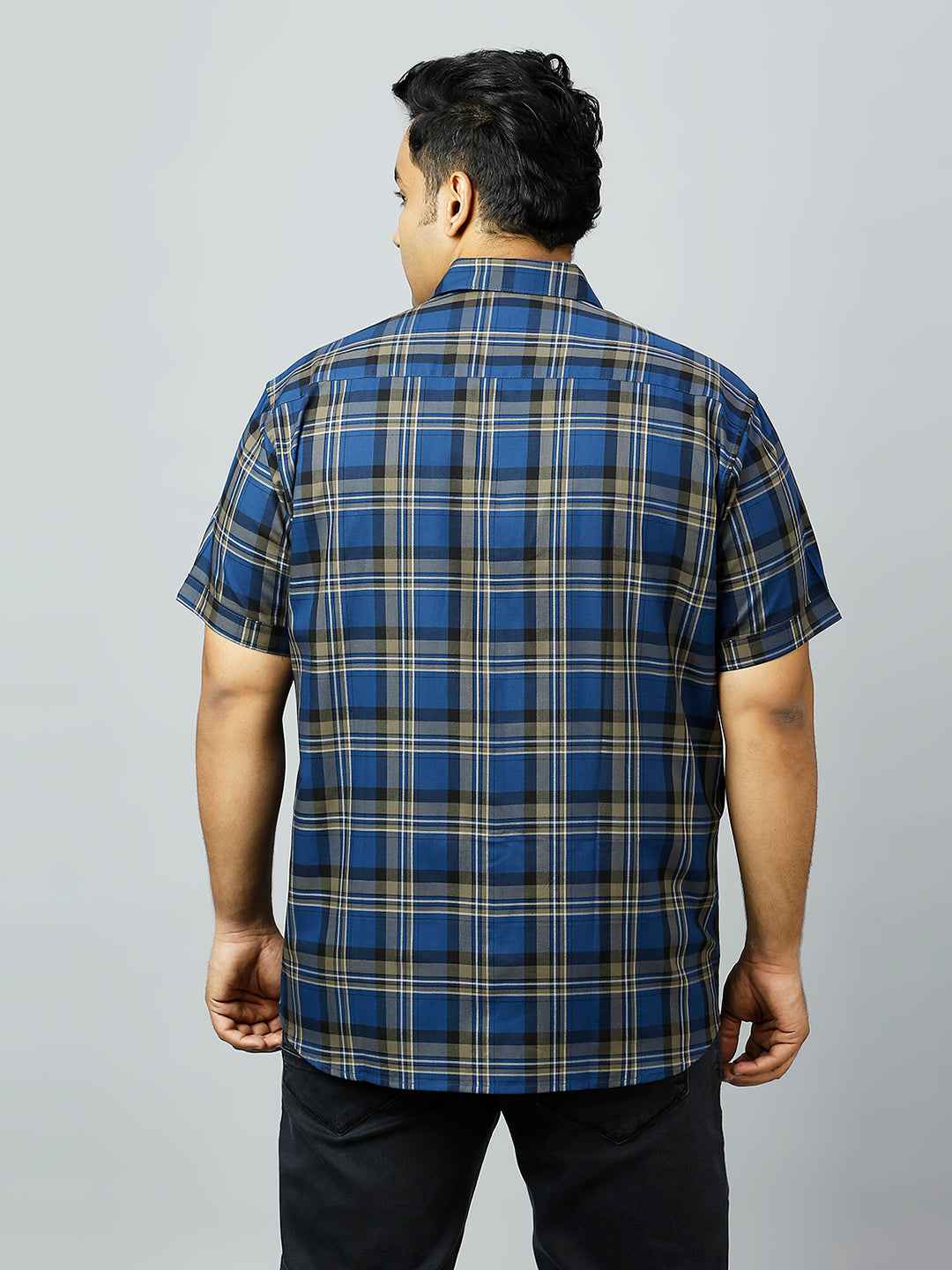 Plus Size Checkered Half Sleeve Men's Indigo Shirt
