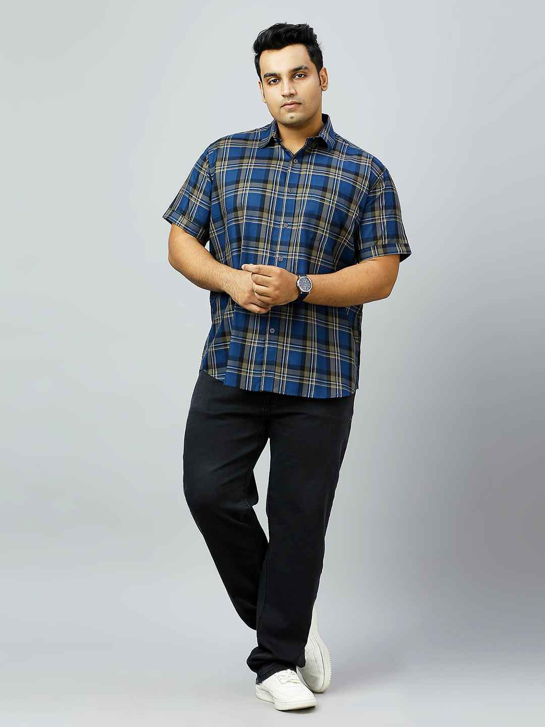 Plus Size Checkered Half Sleeve Men's Indigo Shirt