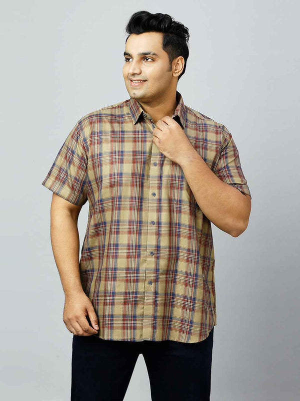 Plus Size Checkered Half Sleeve Men's Khaki Shirt