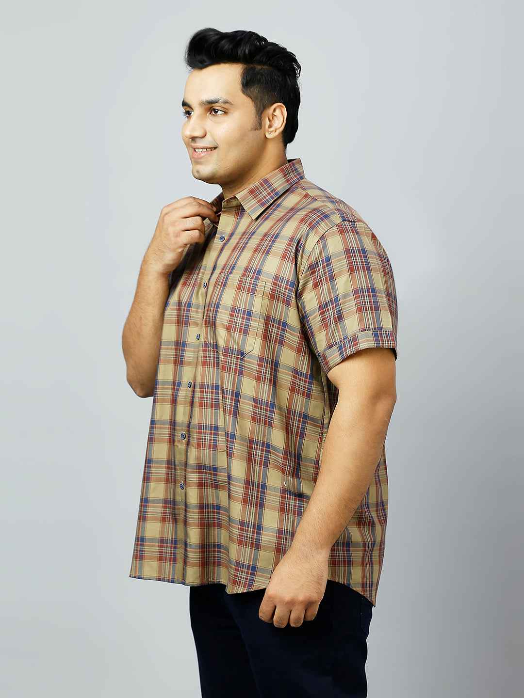 Plus Size Checkered Half Sleeve Men's Khaki Shirt
