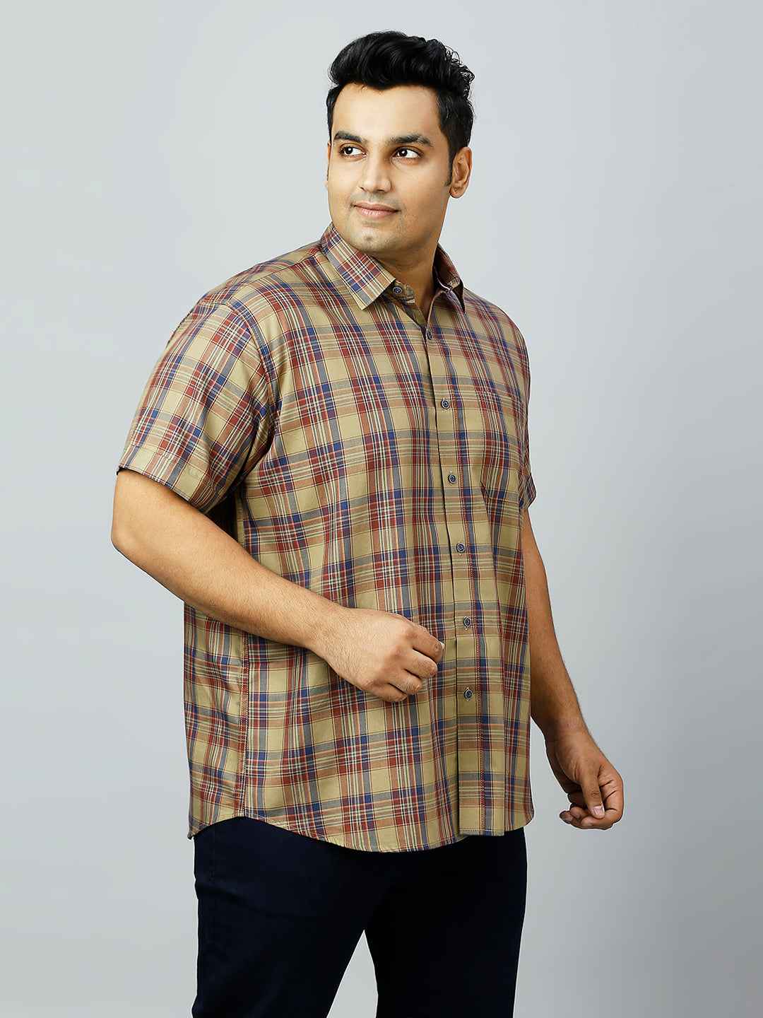 Plus Size Checkered Half Sleeve Men's Khaki Shirt