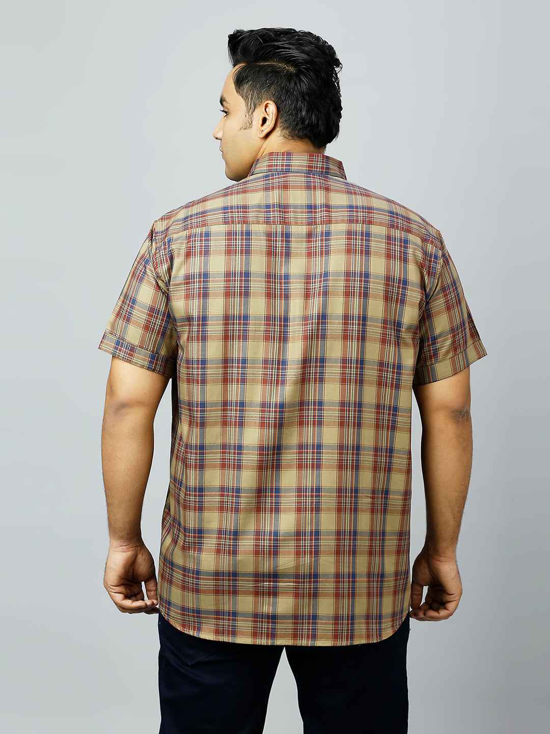 Plus Size Checkered Half Sleeve Men's Khaki Shirt
