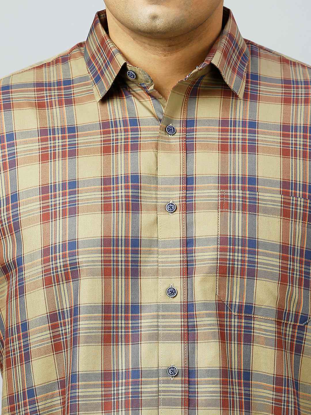 Plus Size Checkered Half Sleeve Men's Khaki Shirt