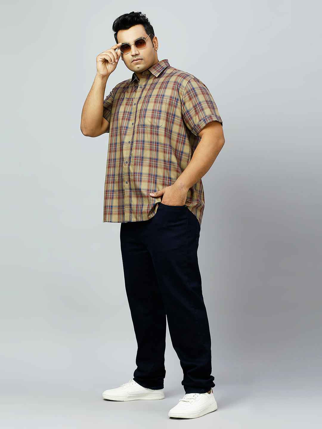 Plus Size Checkered Half Sleeve Men's Khaki Shirt